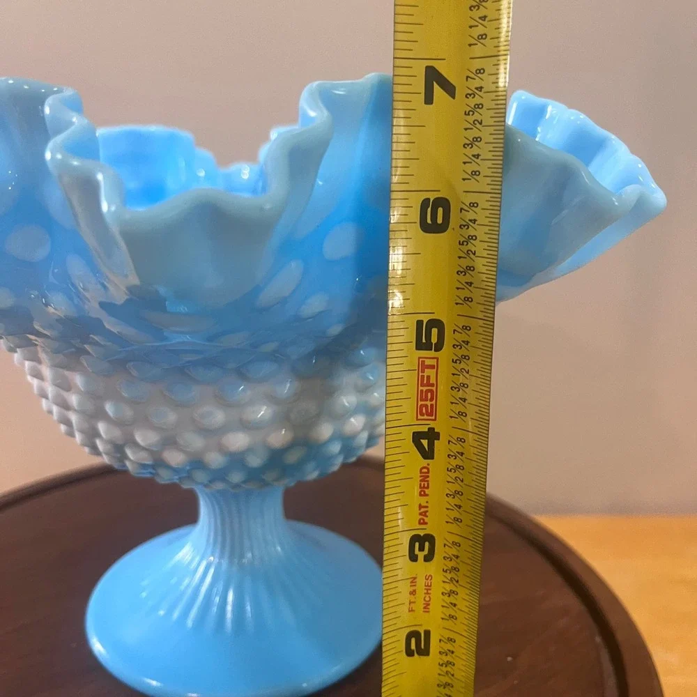Vtg Fenton Blue Slag Hobnail Dbl Ruffled Pedestal Compote Bowl MCM Art Glass